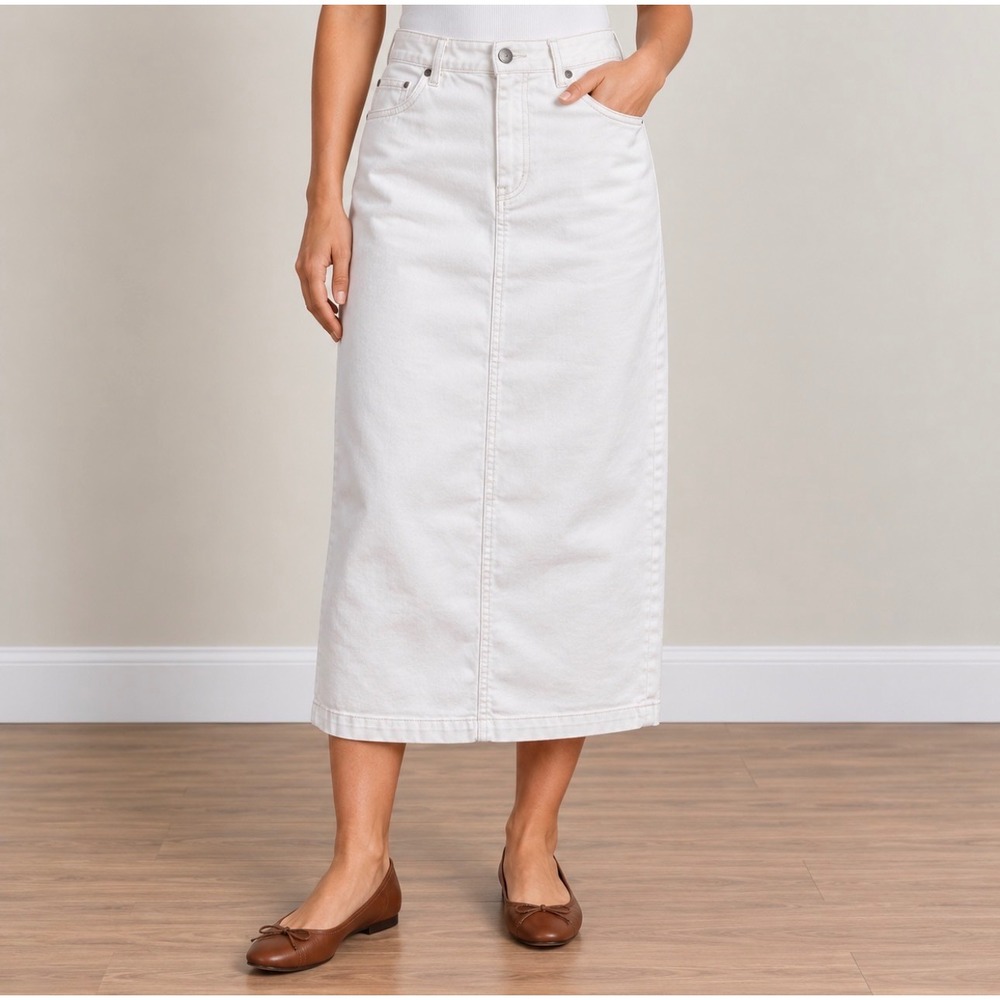 Talbots Denim Midi Skirt Size 6 White Good Stretch Cotton Blend 5-Pocket